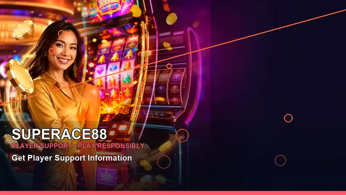 SUPERACE88 reels and casino game highlights featuring an adult female casino host in a clean, left-aligned layout.
